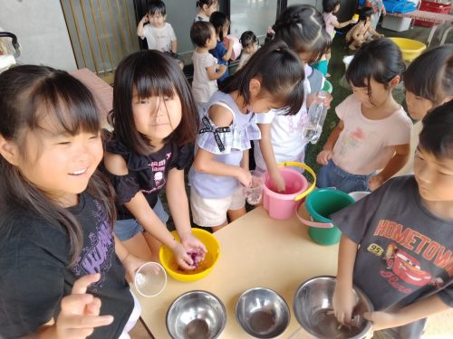 8月28日：あさがおの花を水で絞って色水を作りました。